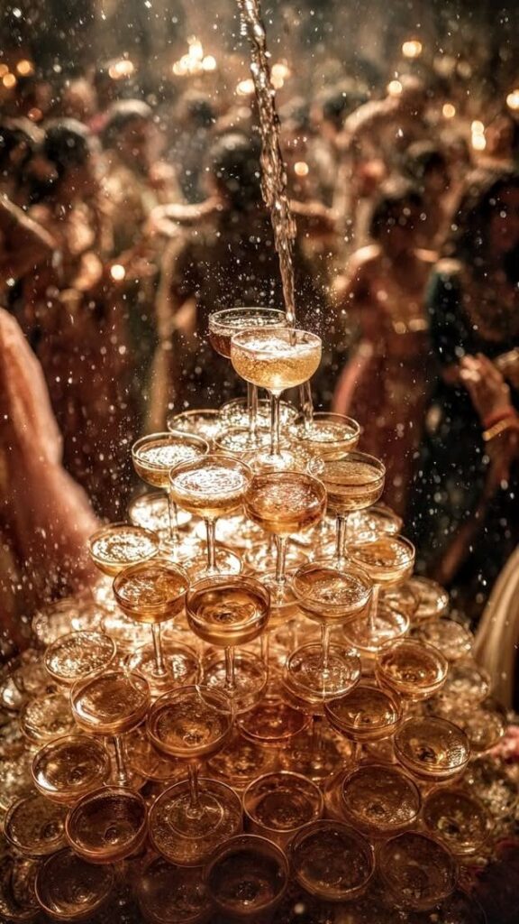 Pyramide de coupes de champagne lors d'un cocktail de mariage